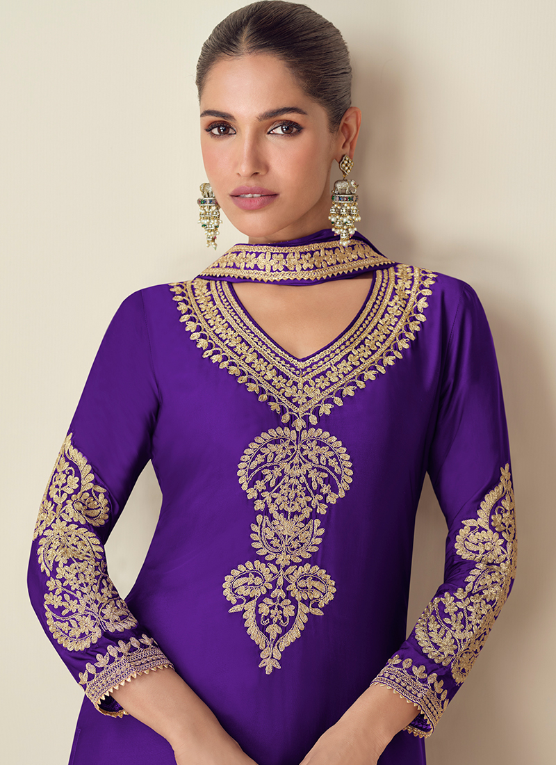 Traditional Function Wear Readymade Suit Collection Purple Premium Chinnon Sharara Suit main image 1